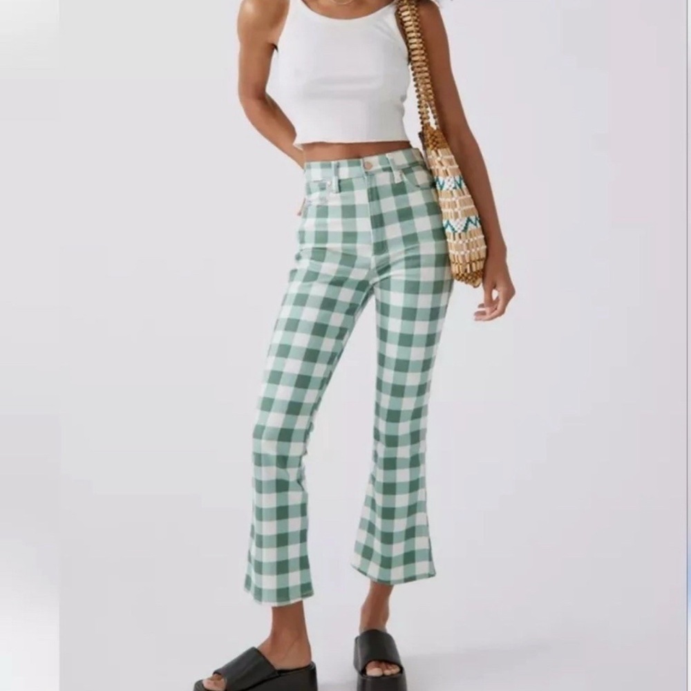 NWT Women’s Wrangler Wrock Gingham Flare Green Checkered Denim Pants Size 29